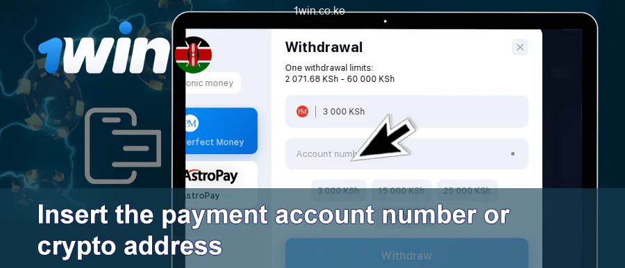 Provide the account number or cryptocurrency address for your payment on 1win.